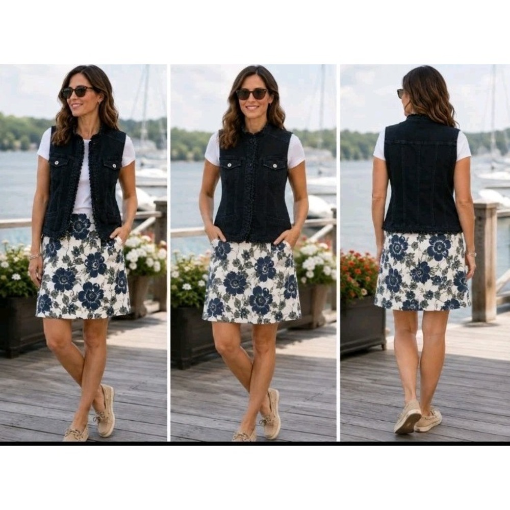 Chicos 1ā Platinum Black Denim Ruffle Vest Size M Western Romantic Cottagecore